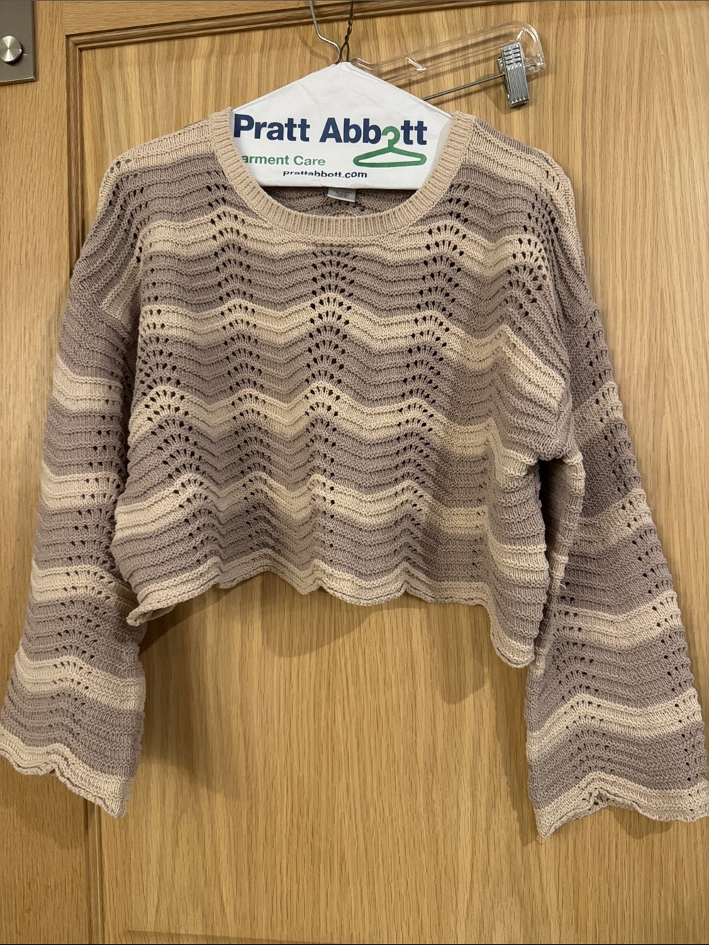 Altar'd State Taupe & Cream Open-Knit Wave Stripe Cropped Sweater